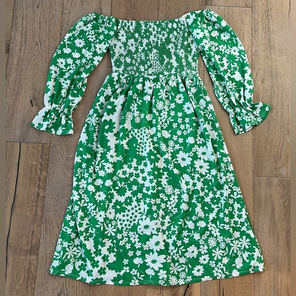 Sugarlips Kennedy Floral Denni Smocked Midi Dress Small Green Sleeves Retro
